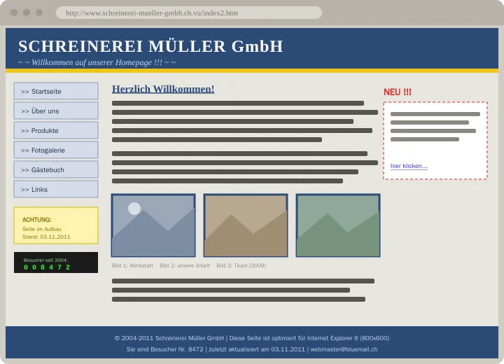 Outdated carpentry business website: cluttered layout, tiny text, not built for mobile phones