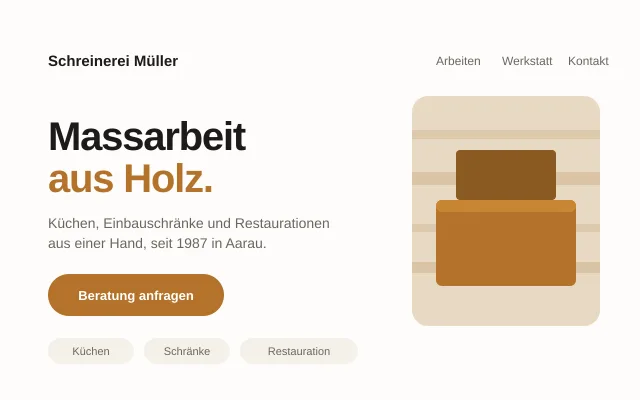 Website of the Müller carpentry workshop: modern design with warm wood tones and a clear way to get in touch