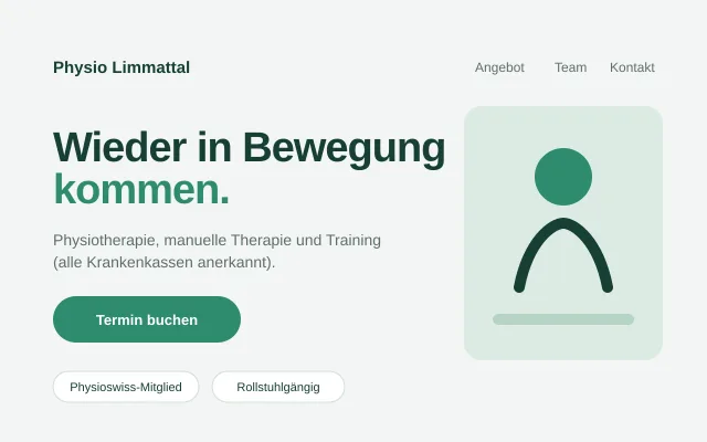 Website der Praxis Physio Limmattal: helles, freundliches Design mit Terminbuchung