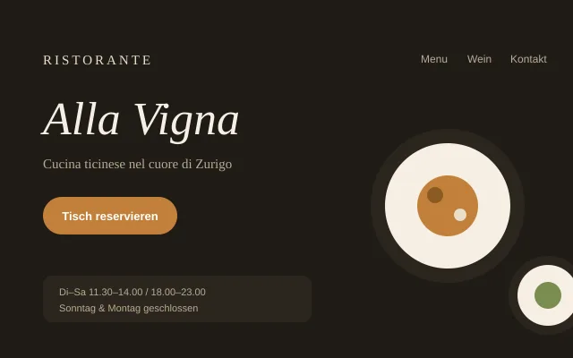 Website des Ristorante Alla Vigna: dunkles, elegantes Design mit Reservationsknopf und Öffnungszeiten